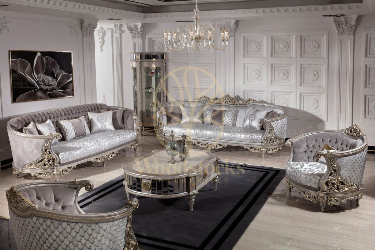 Teak Nora Silver Grey Carved Sofa Set, Sofa Set