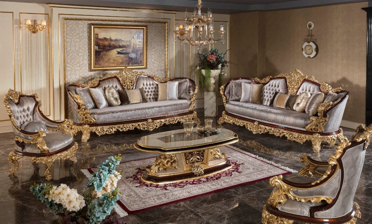 Teak Royal Silver and Gold Carved Sofa Set, Sofa Set