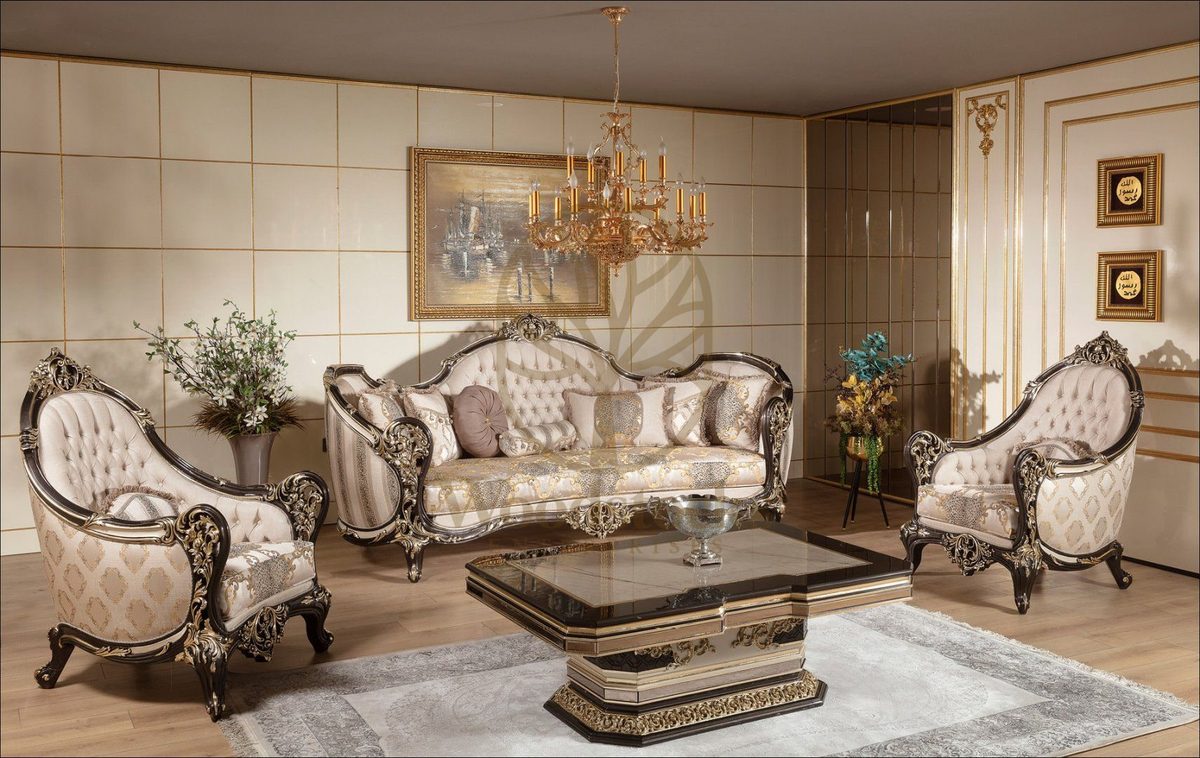 Teak Baroque Ivory and Gold Carved Sofa Set, Sofa Set