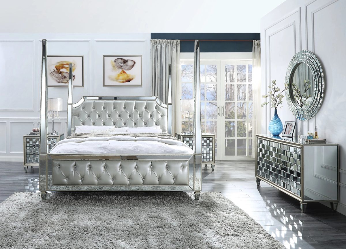 WSE High Quality Teak Wood Tufted 5-Piece Four-Poster Bed, Four Poster Bed