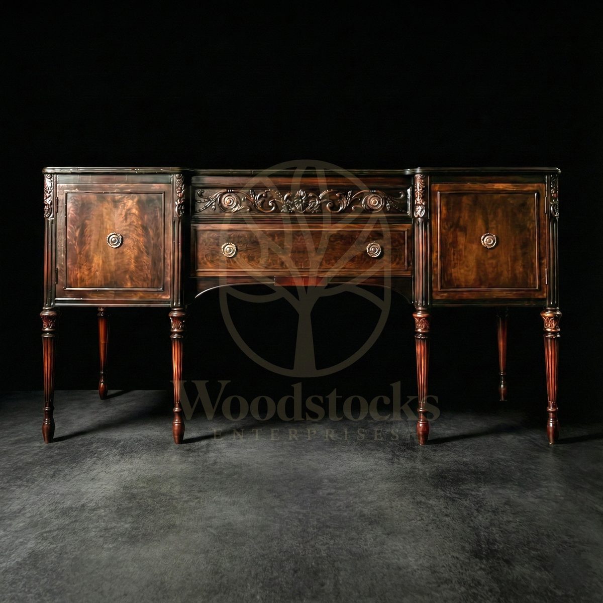 Hand Carved Teak Somerset Acanthus-Rosette Banquet Console, Saharanpur, Sideboard