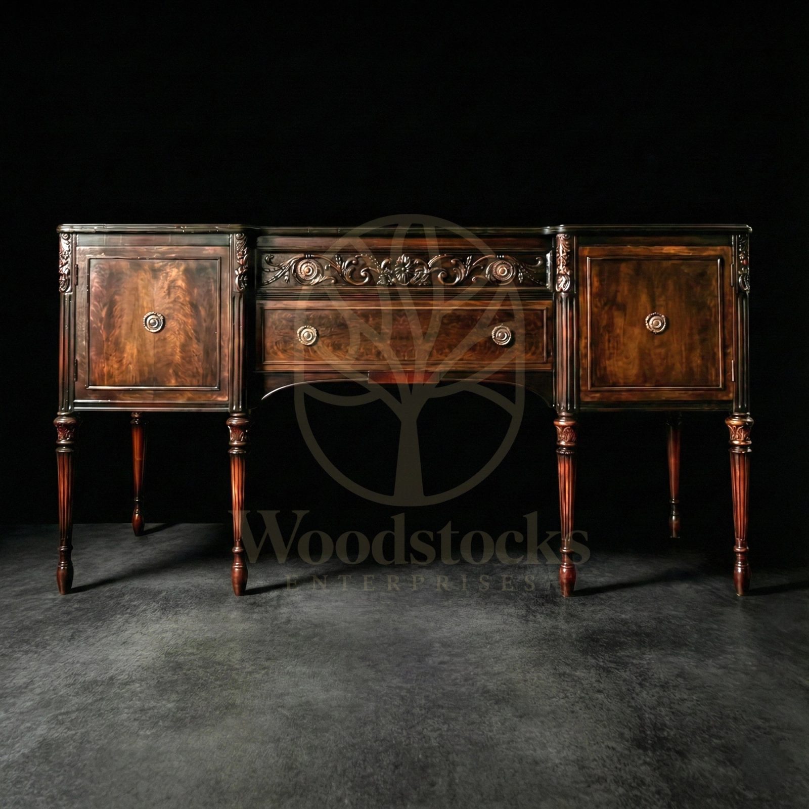 Hand Carved Teak Somerset Acanthus-Rosette Banquet Console, Saharanpur, hand-carved to order at the Woodstocks workshop in Saharanpur