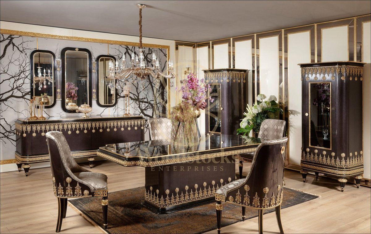 Teak Embroidered Black and Gold Dining Set, Dining Table