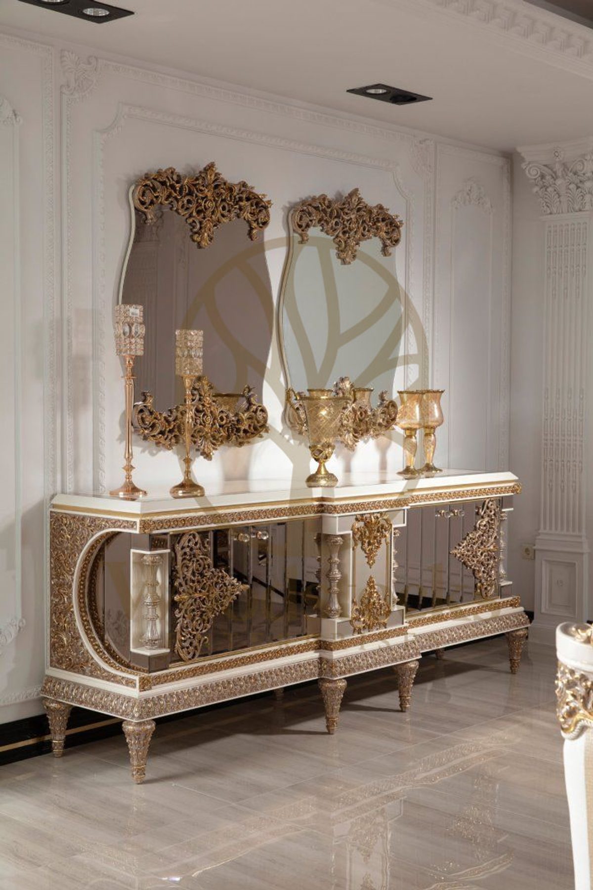 Teak Ornate Cream and Gold Console Table, view 7