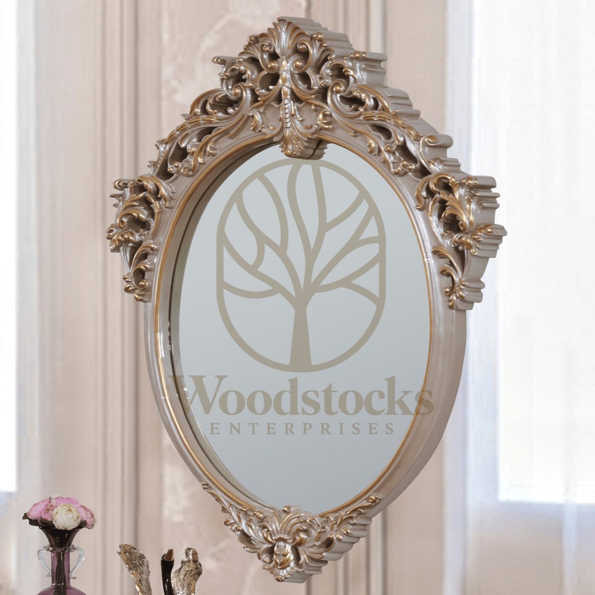 Teak Ornate Antiqued Ivory Decorative Mirror, view 4