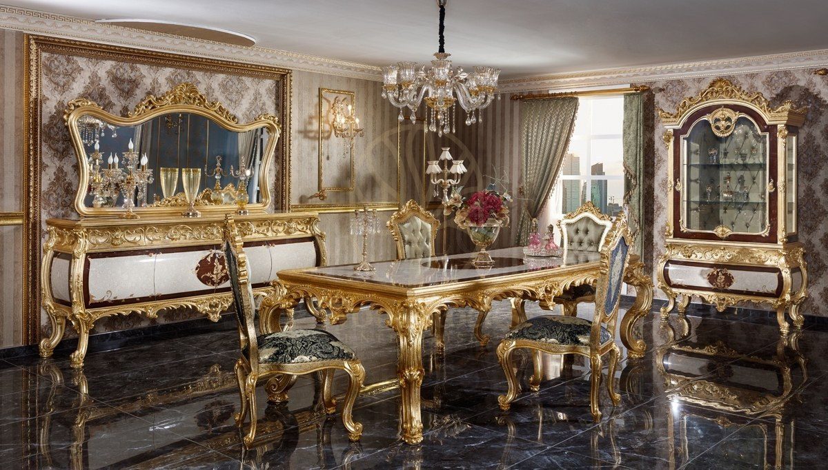 Royal Monesa Gold Leaf Hand Carved Teak Dining Table Set, Saharanpur, Dining Table