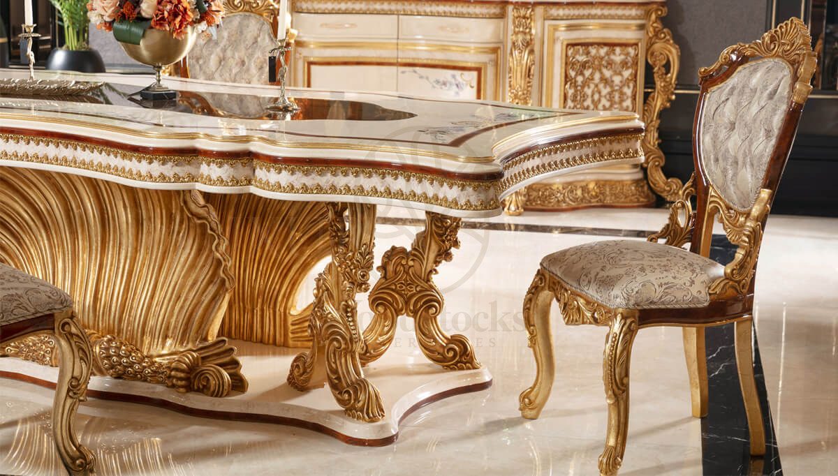 Royal Martinik Gold Leaf Hand Carved Teak Dining Table Set, Saharanpur, view 3