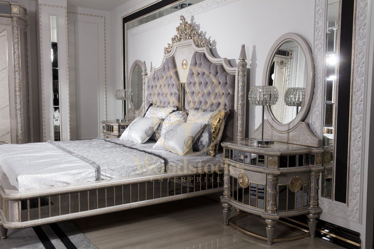 Teak Nora Ivory and Grey 4-Piece King Size Bed, view 11