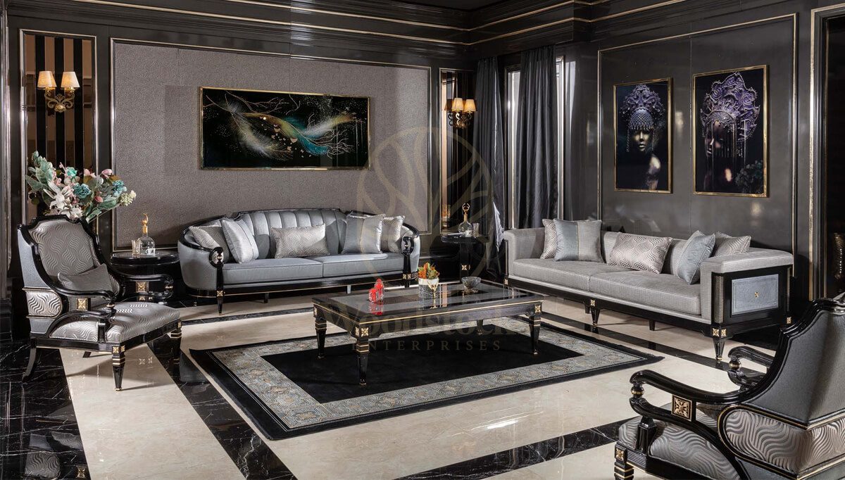 Luxury Caserta Grey Handcrafted Teak Sofa Set, Saharanpur, Sofa Set