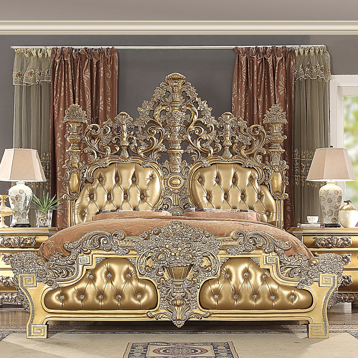 WSE High Quality Teak Wood Tufted Gold King Size Bed, King Size Bed