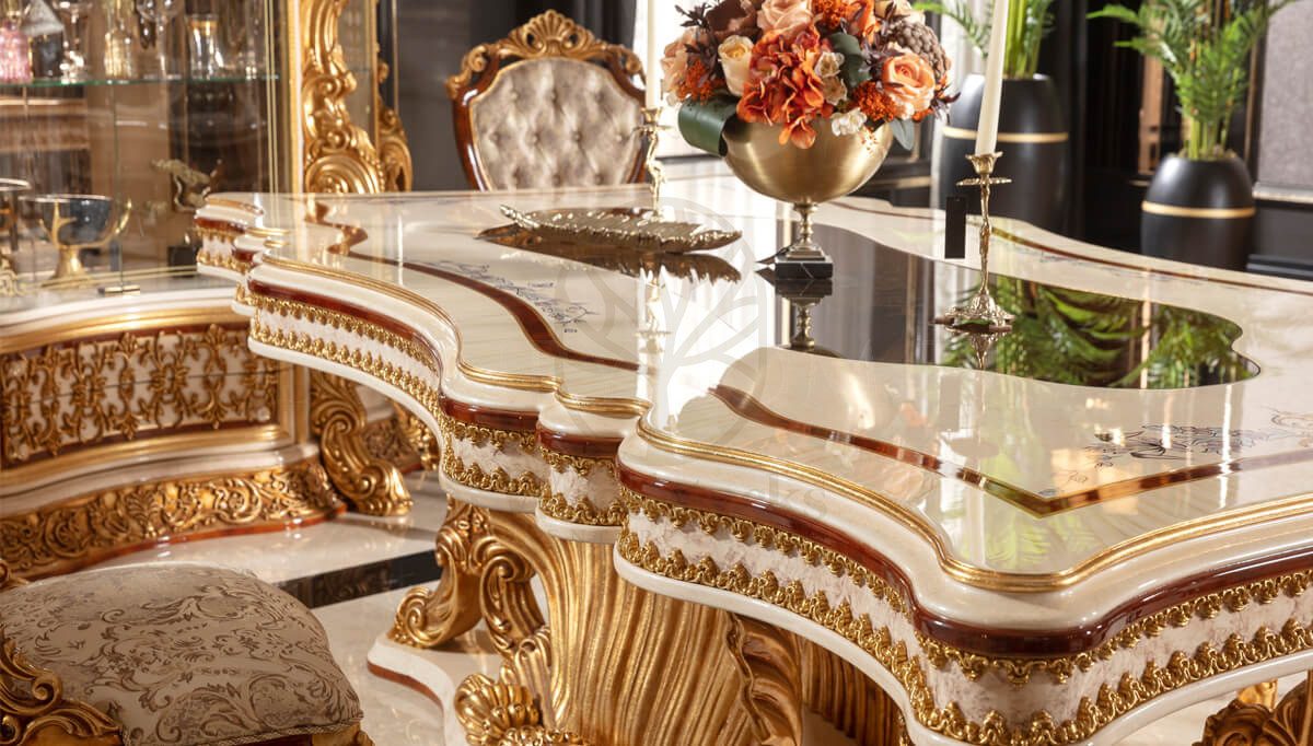 Royal Martinik Gold Leaf Hand Carved Teak Dining Table Set, Saharanpur, view 6