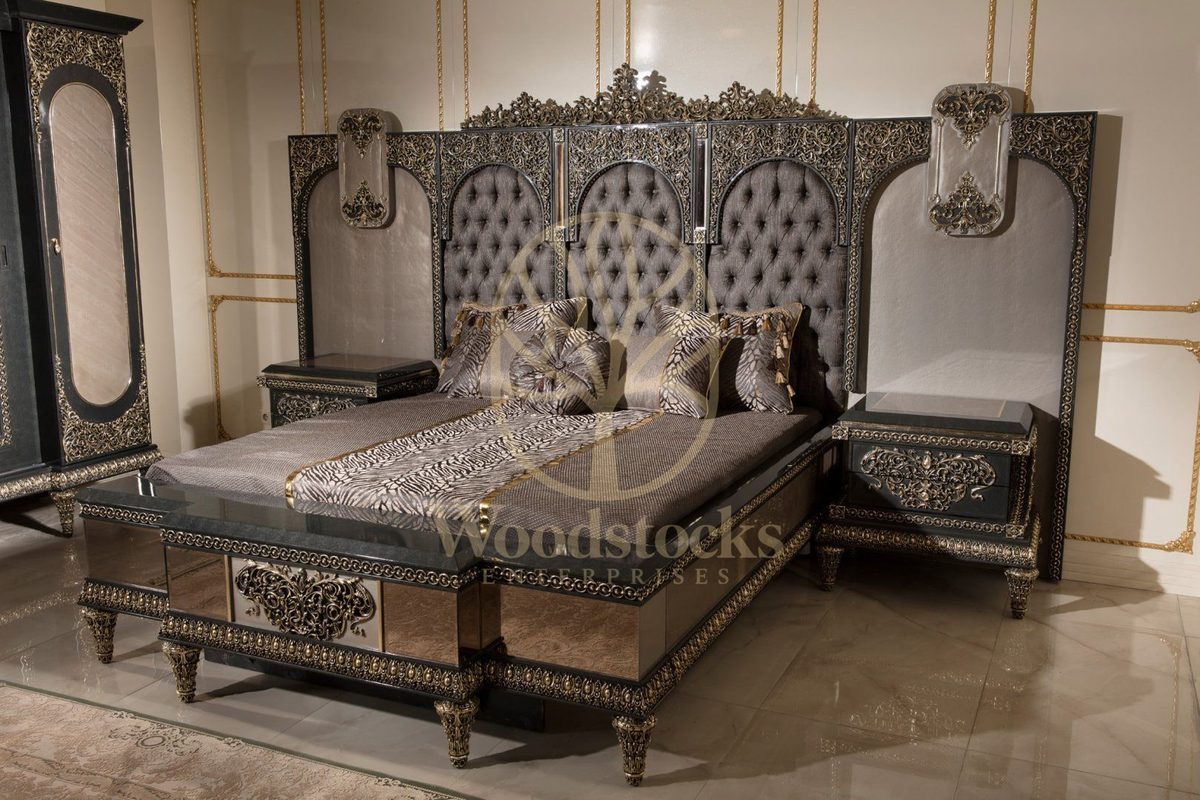 Teak Ornate Charcoal and Silver 4-Piece King Size Bed, view 15