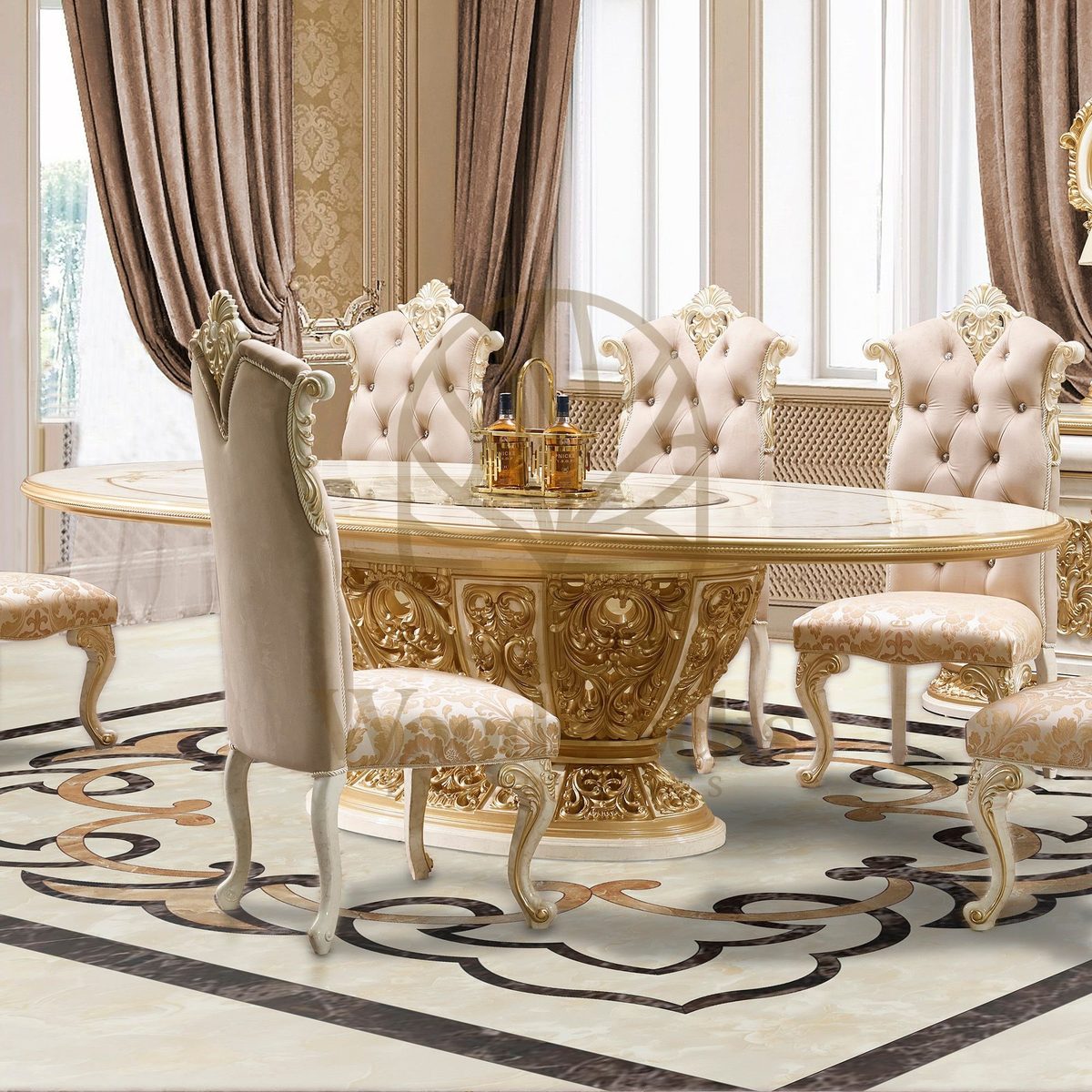 Teak Ornate Cream Dining Table, alternate view