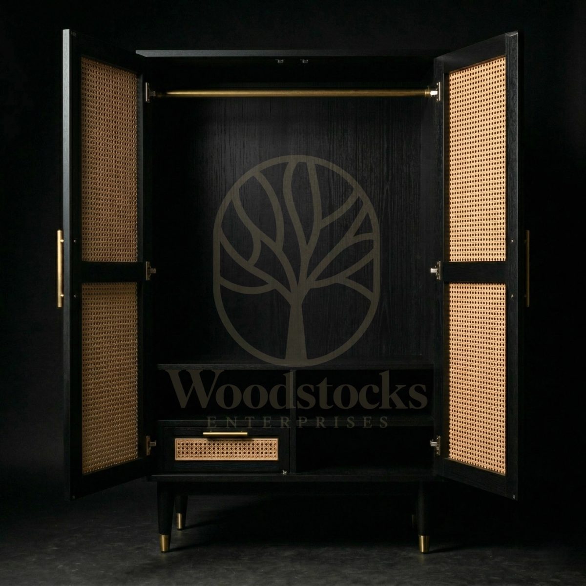 Luxury Teak Lucerne Mid-Century Cane Armoire, Saharanpur, view 3