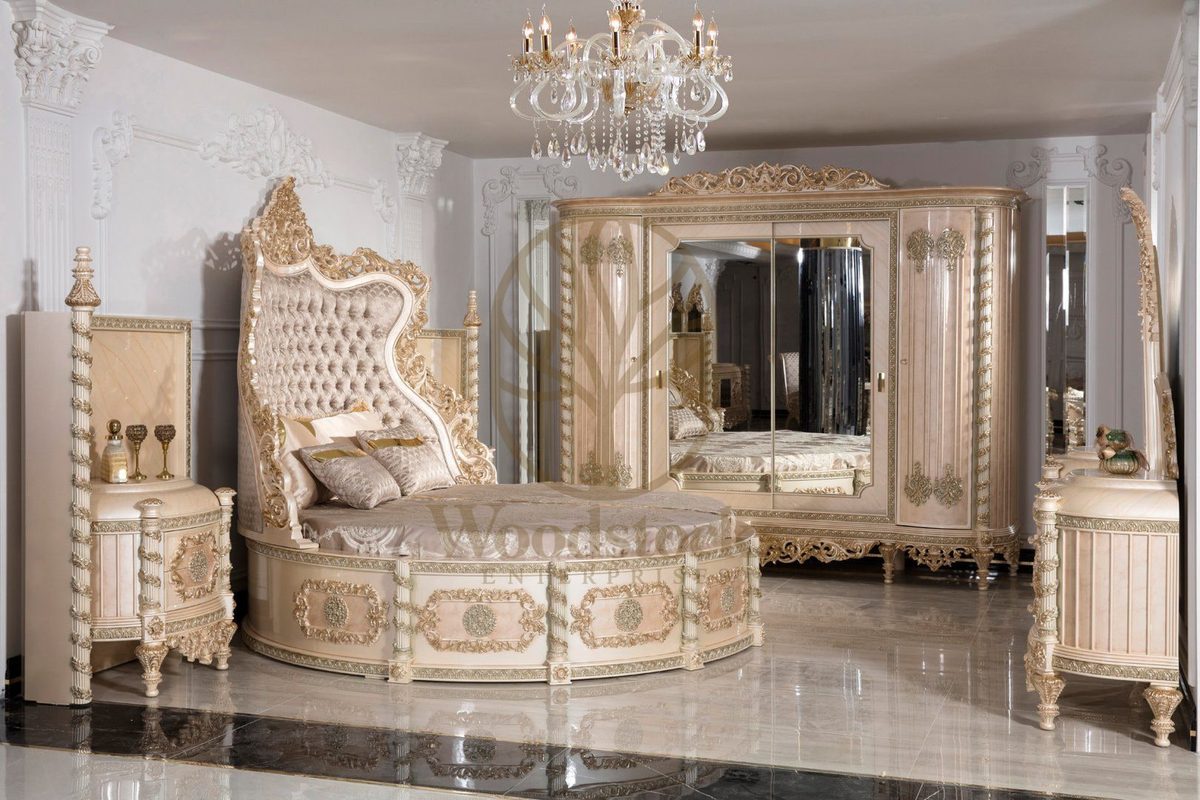 Teak Palace Cream and Gold 4-Piece King Size Bed, Round Bed