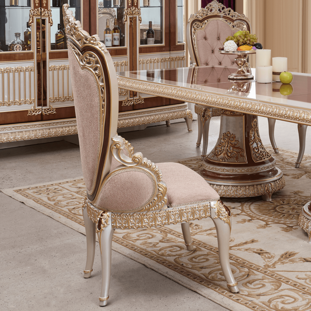 WSE High Quality Teak Wood Ornate Antiqued Ivory China Cabinet, Crockery Cabinet
