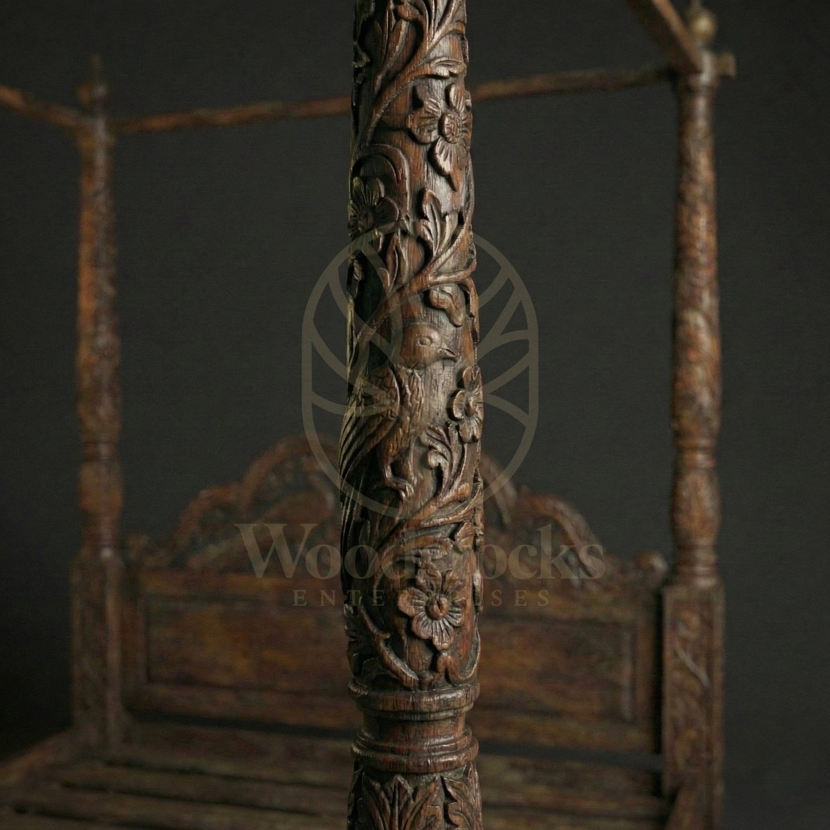 Royal Hand Carved Teak Suratte Peacock Court Four Poster Bed, Saharanpur, view 6