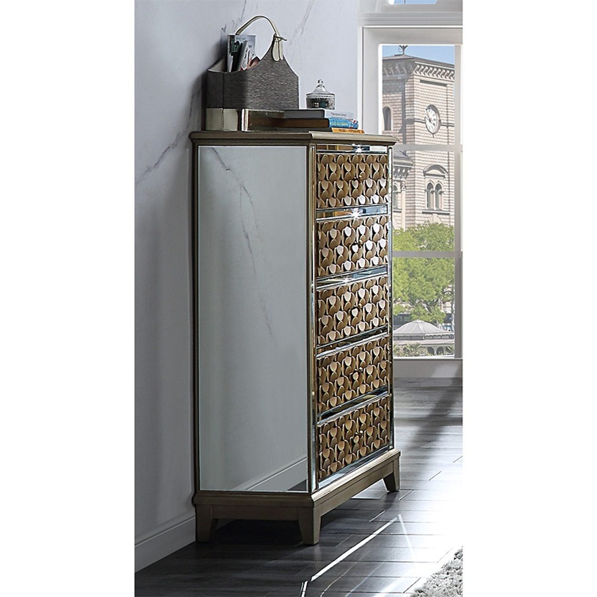 WSE High Quality Teak Wood Vintage Gold Chest of Drawers, Chest Of Drawers