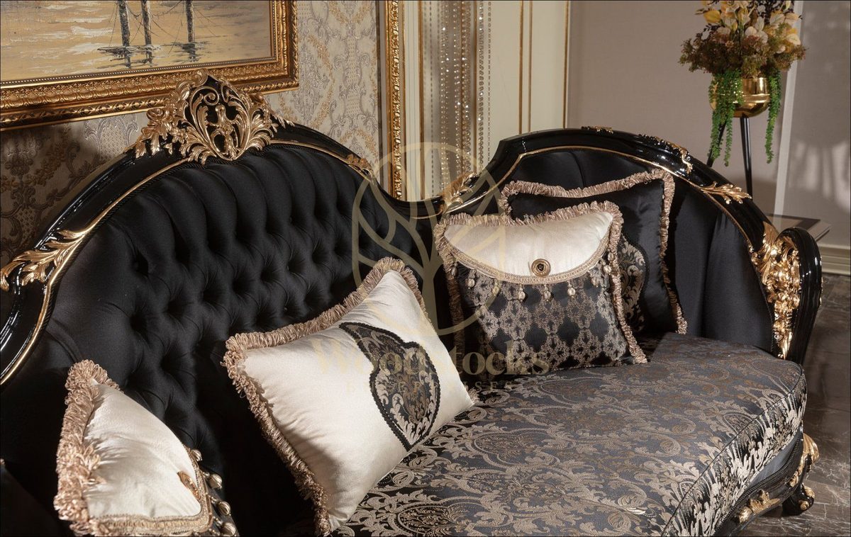 Teak Baroque Black and Gold Tufted Sofa Set, view 6
