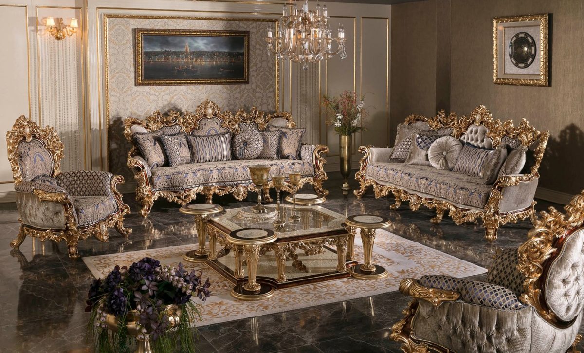 Teak Grand Cream and Gold Carved Sofa Set, Sofa Set