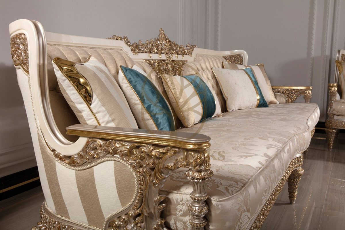 Teak Ornate Cream and Gold Throne Sofa Set, view 8