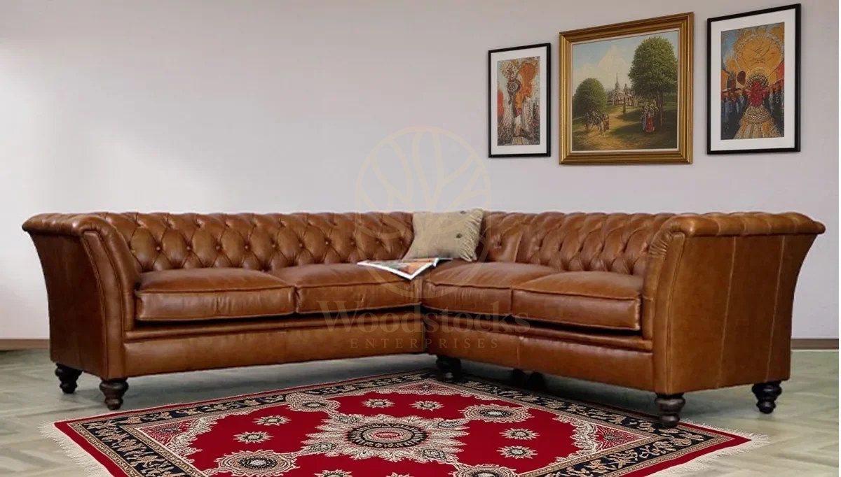 Royal Melton Chesterfield Leather Hand Carved Teak L-Shape Sofa, Saharanpur, L Shape Sofa