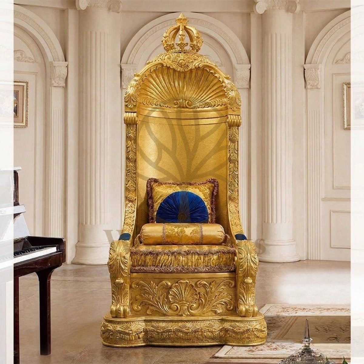 Teak Baroque Antique Gold Maharaja Chair, Chairs