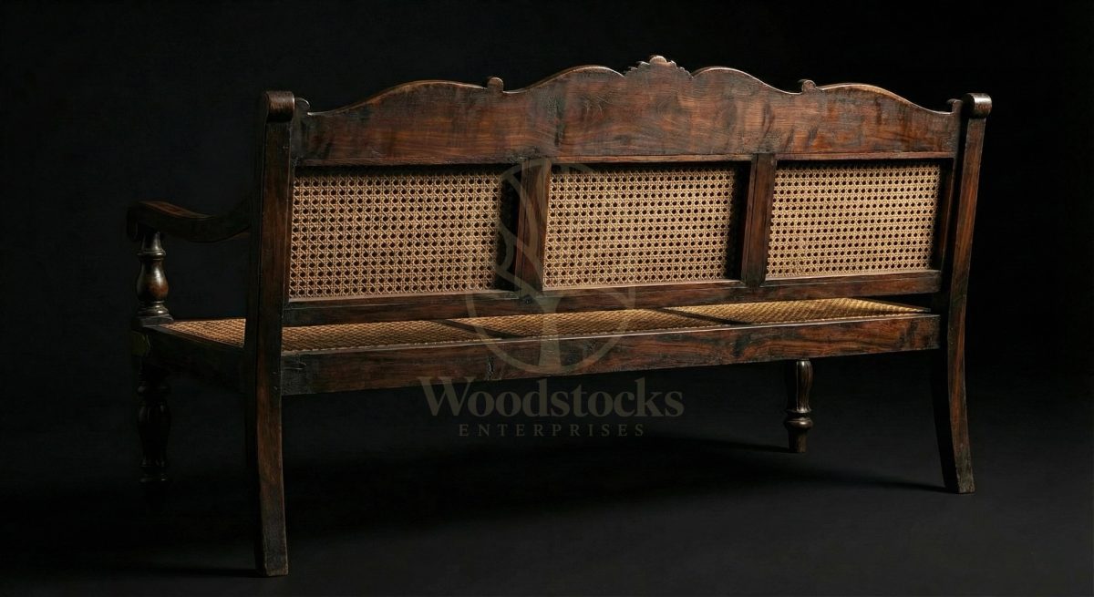 Hand Carved Teak Park Street Colonial Cane Settee, Saharanpur, view 4