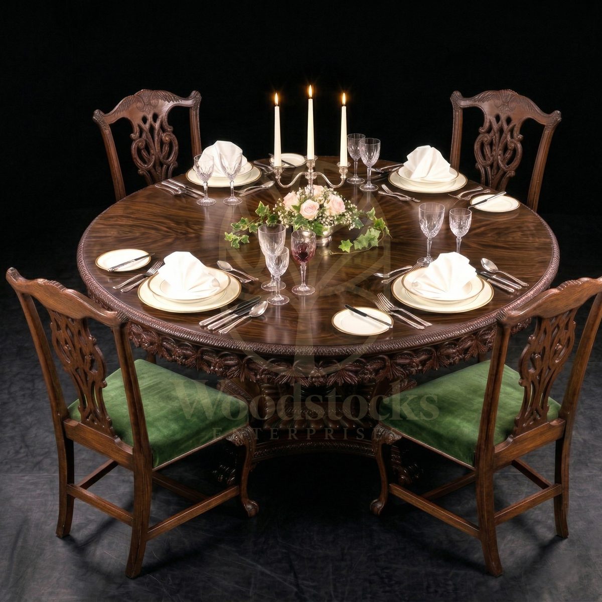 Royal Hand Carved Teak Marlborough Regency Pedestal Dining Suite, Saharanpur, Dining Table