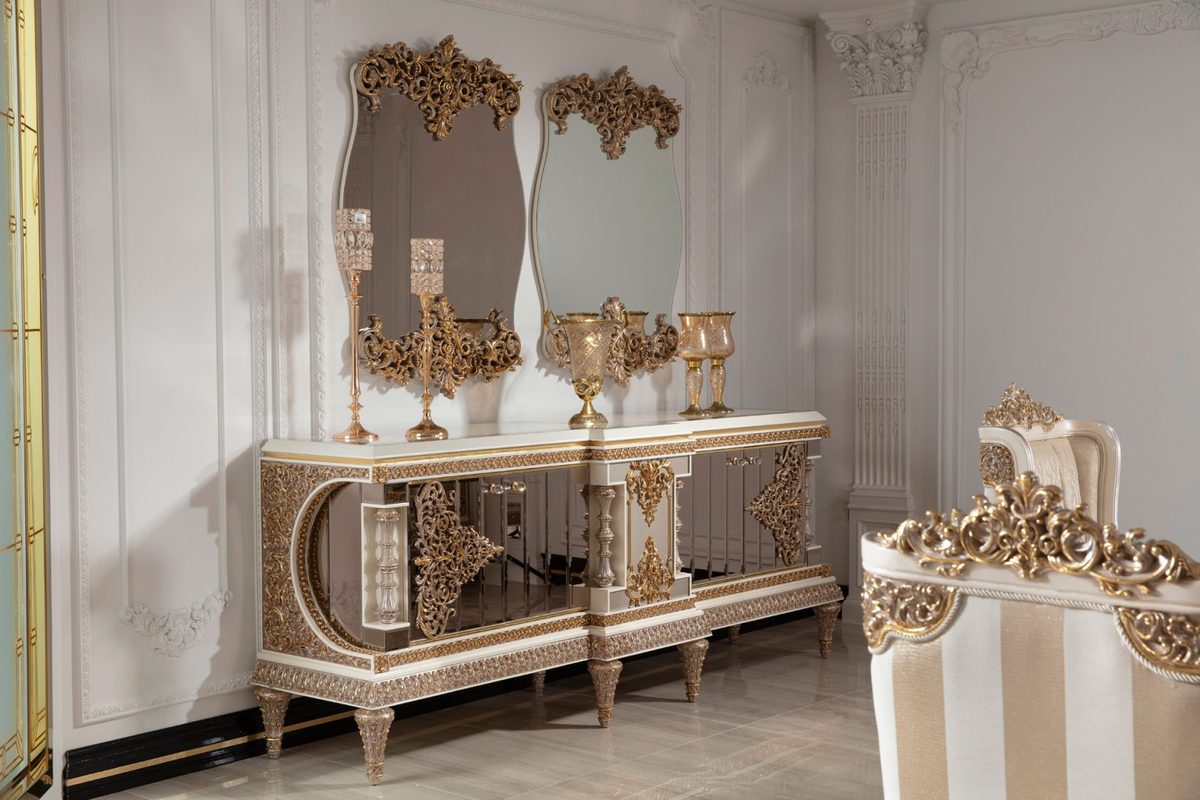 Teak Ornate Cream and Gold Console Table, Console Table