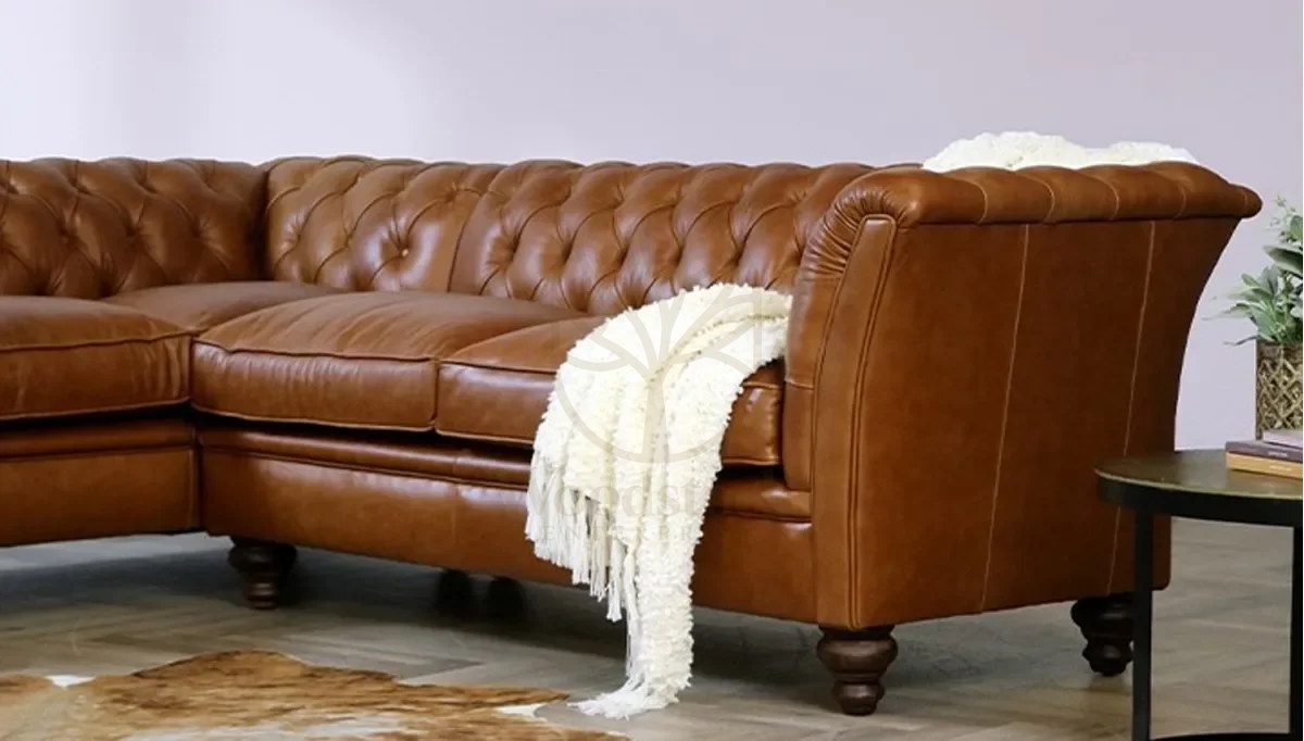 Royal Melton Chesterfield Leather Hand Carved Teak L-Shape Sofa, Saharanpur, view 4
