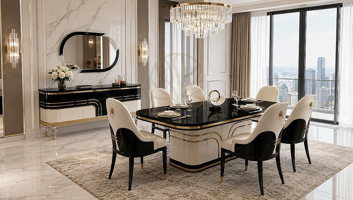 Luxury Montella White Black Handcrafted Teak Dining Table Set, Saharanpur, view 3