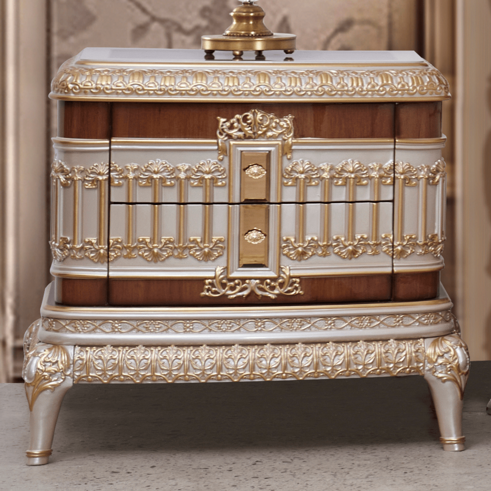 Teak Luxury Antiqued Ivory Nightstand, hand-carved to order at the Woodstocks workshop in Saharanpur