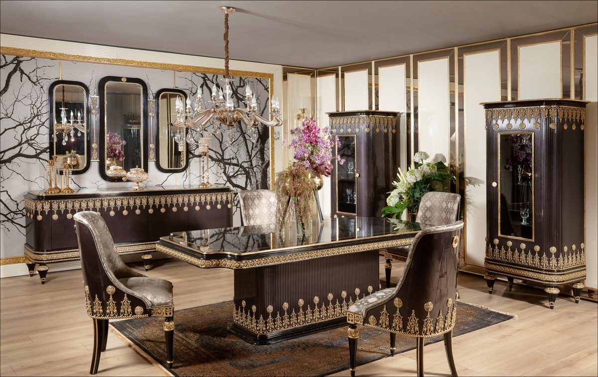 Teak Embroidered Black and Gold Dining Set, Dining Table