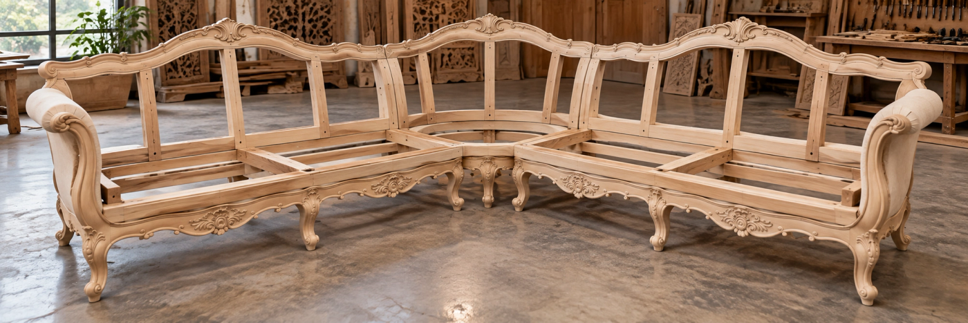 Hand carved solid wood L shape sofa frame in the workshop before upholstery, showing the corner joinery