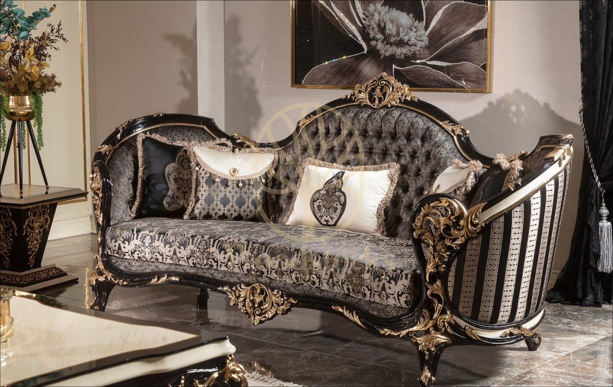 Teak Baroque Black and Gold Tufted Sofa Set, view 3