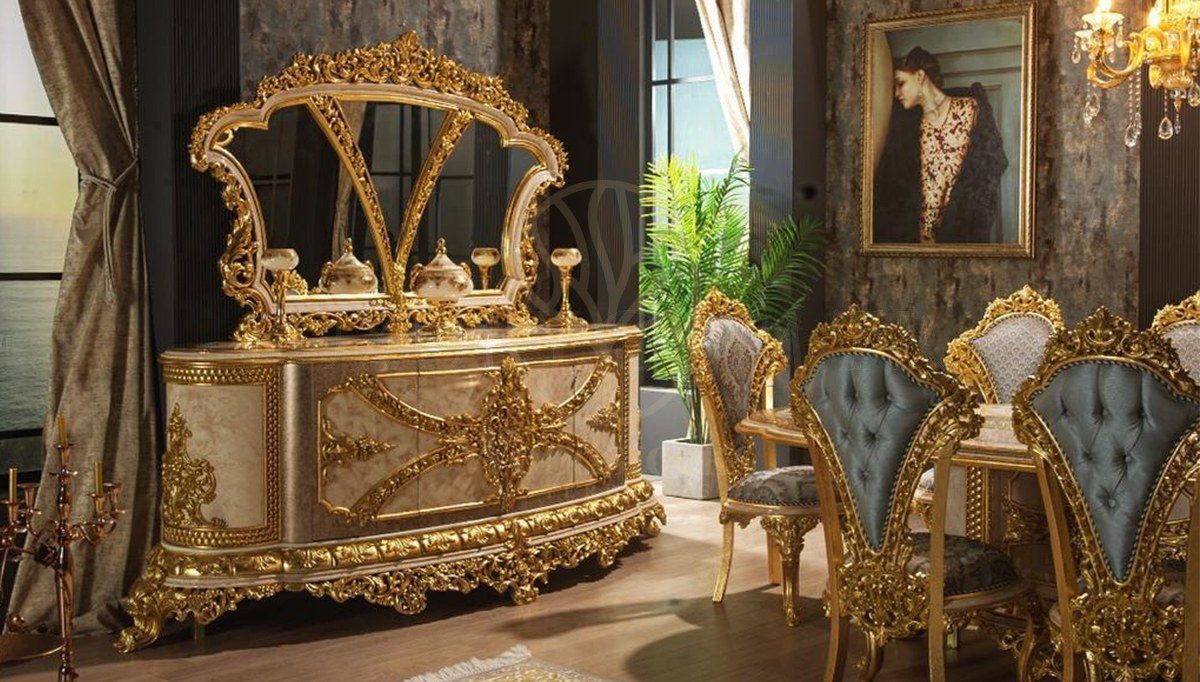 Royal Hunkar Gold Leaf Hand Carved Teak Dining Table Set, Saharanpur, view 9
