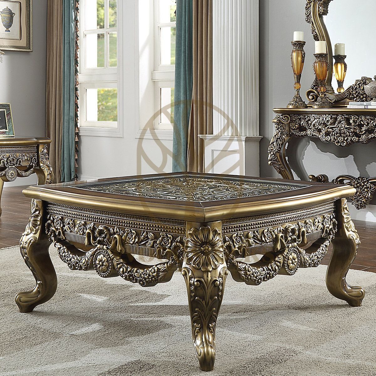 Teak Hand-Carved Antique Gold Coffee Table III, view 2