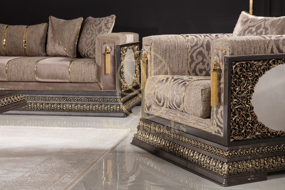 Teak Imperial Grey and Silver Tufted Sofa Set, view 3