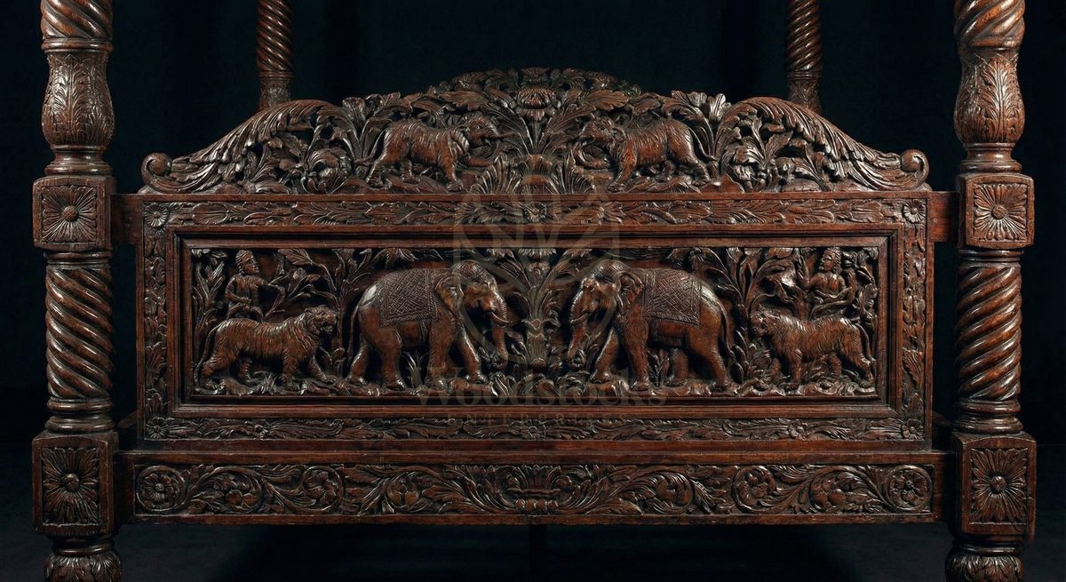 Royal Hand Carved Teak Bygone Mysore Heritage Canopy Bed, Saharanpur, view 3