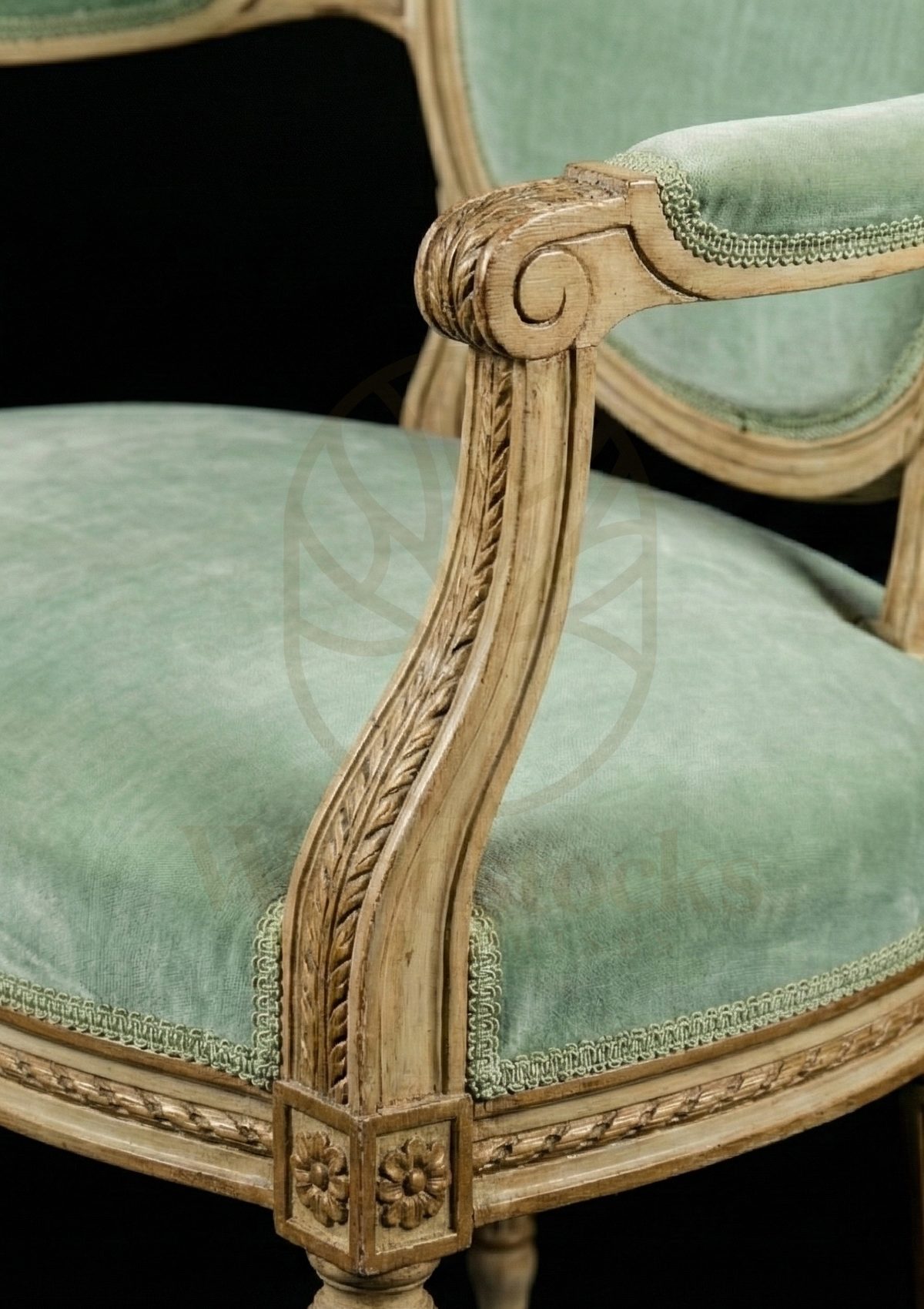 Royal Hand Carved Teak La Fauteuil de Lumière Gilded Mint Louis XVI Armchair, Saharanpur, view 3