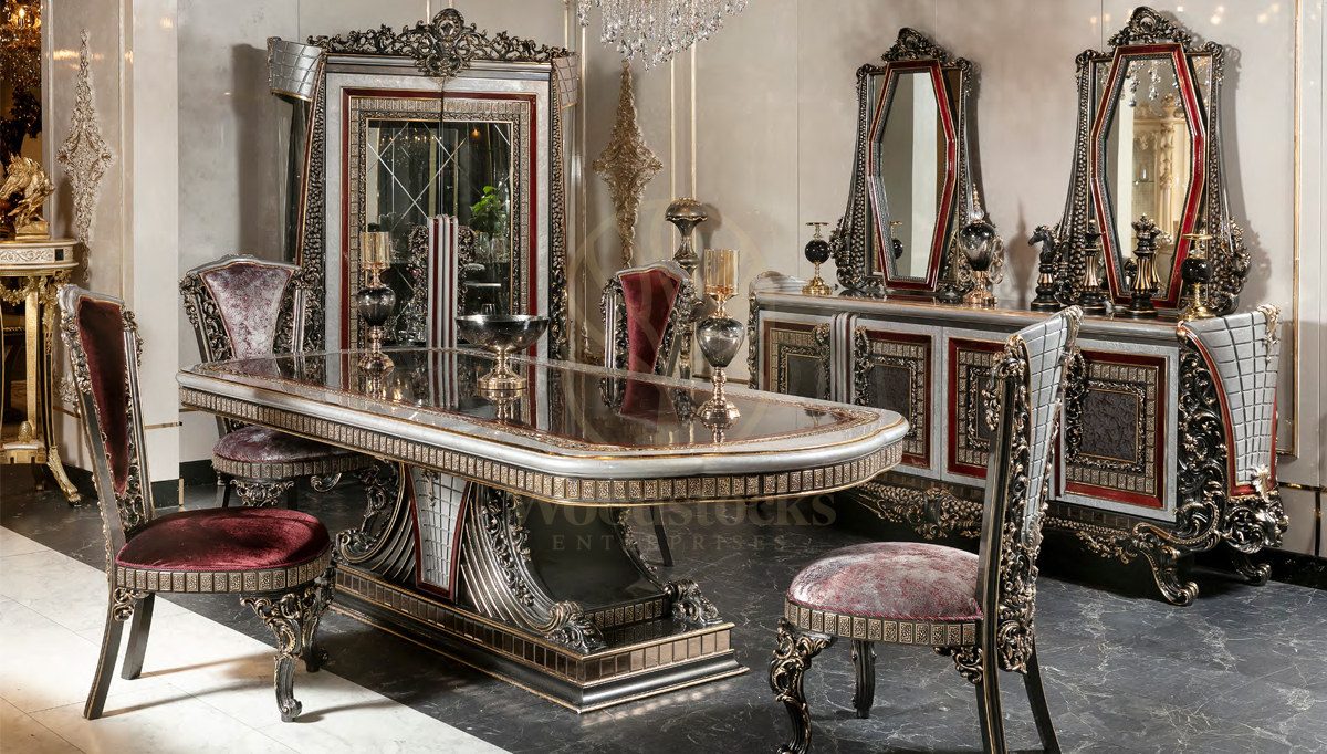 Royal Morocco Hand Carved Teak Dining Table Set, Saharanpur, Dining Table
