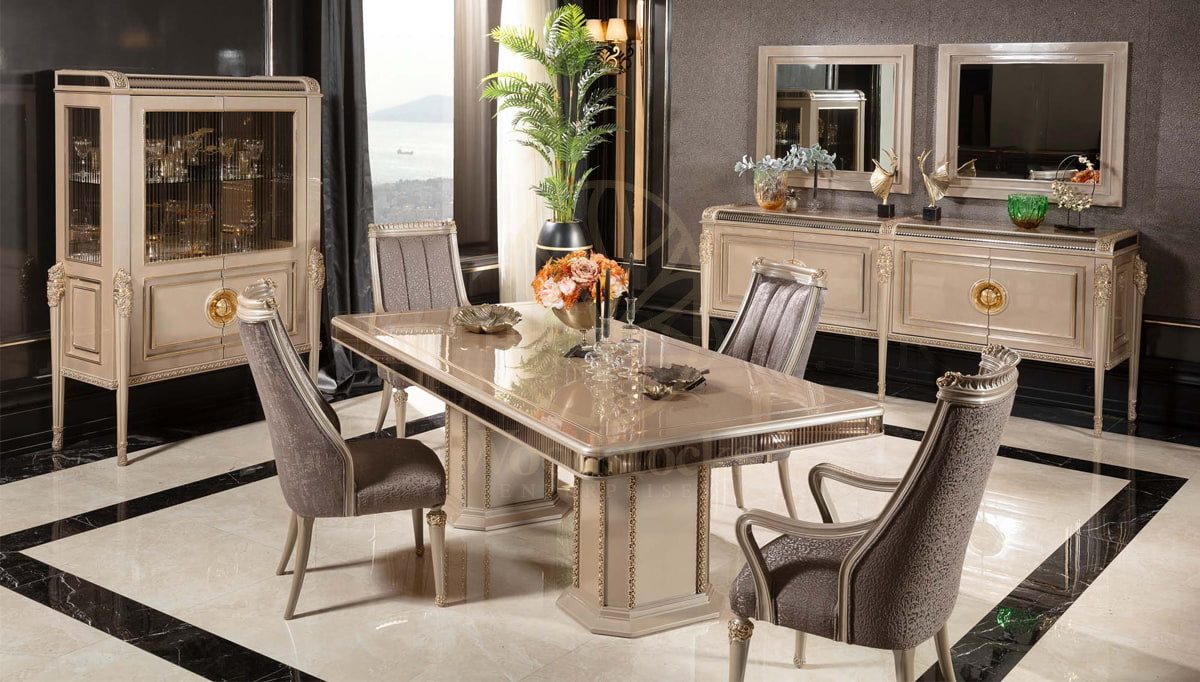 Royal Bermuda Cream Hand Carved Teak Dining Table Set, Saharanpur, Dining Table