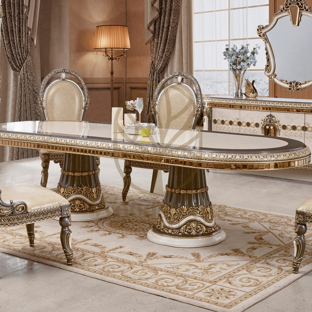 Teak Luxury Marbled Ivory Dining Chair Set, view 3