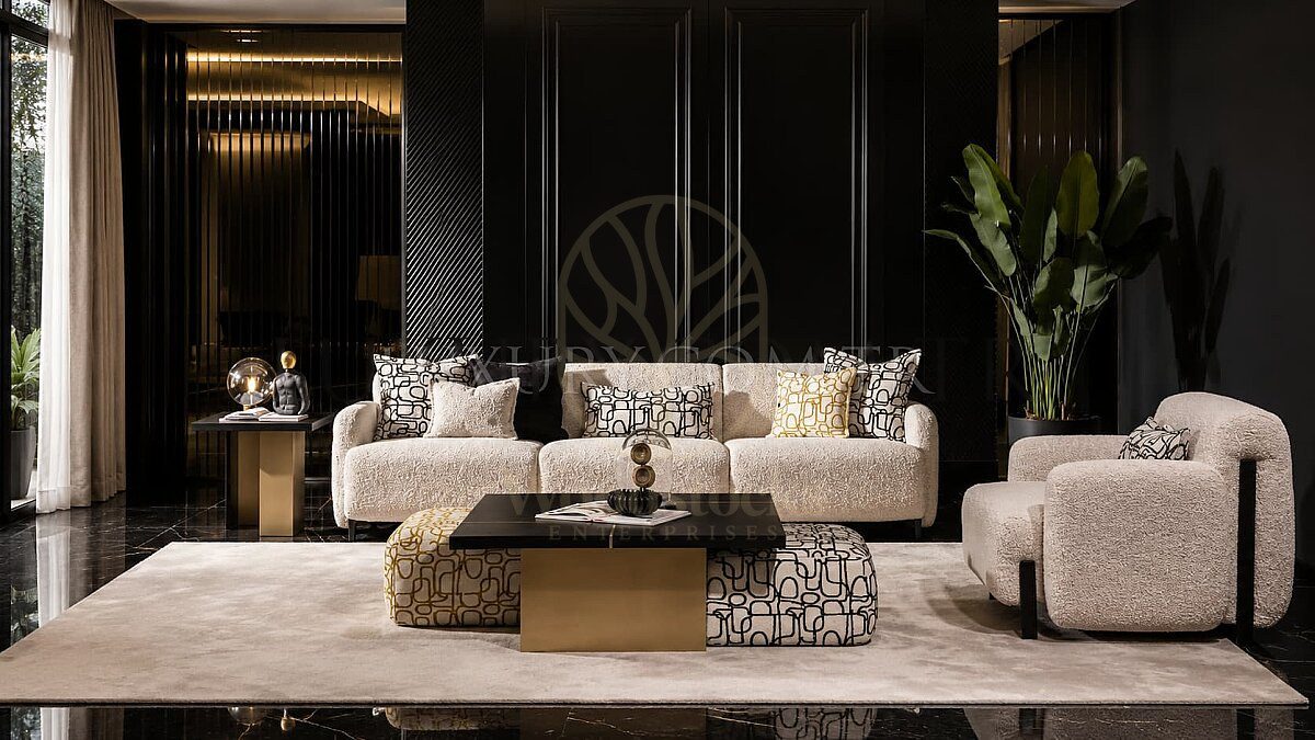Luxury Cortina Beige Handcrafted Teak Sofa Set, Saharanpur, Sofa Set