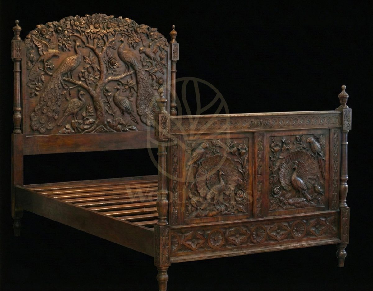 Royal Hand Carved Teak Maharaja’s Aviary Peacock Bed, Saharanpur, view 2