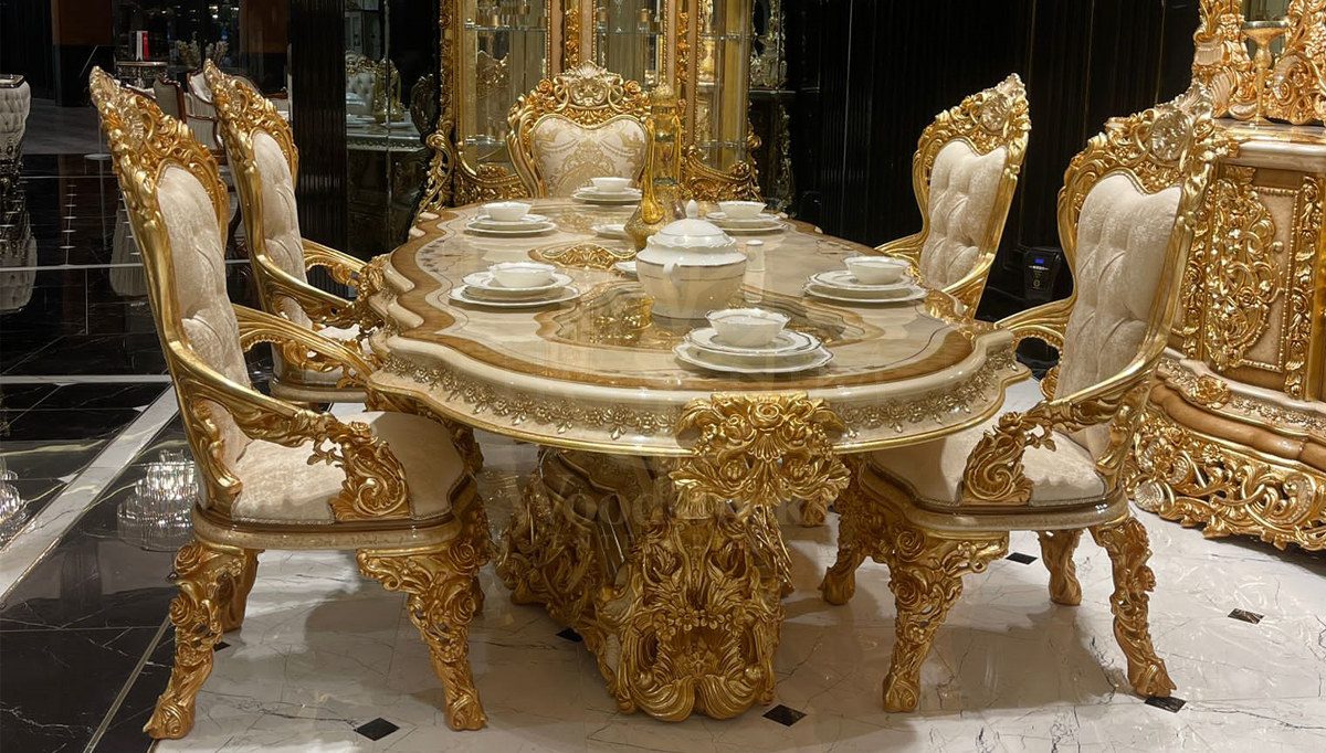 Royal Ciragan Gold Leaf Hand Carved Teak Dining Table Set, Saharanpur, view 2