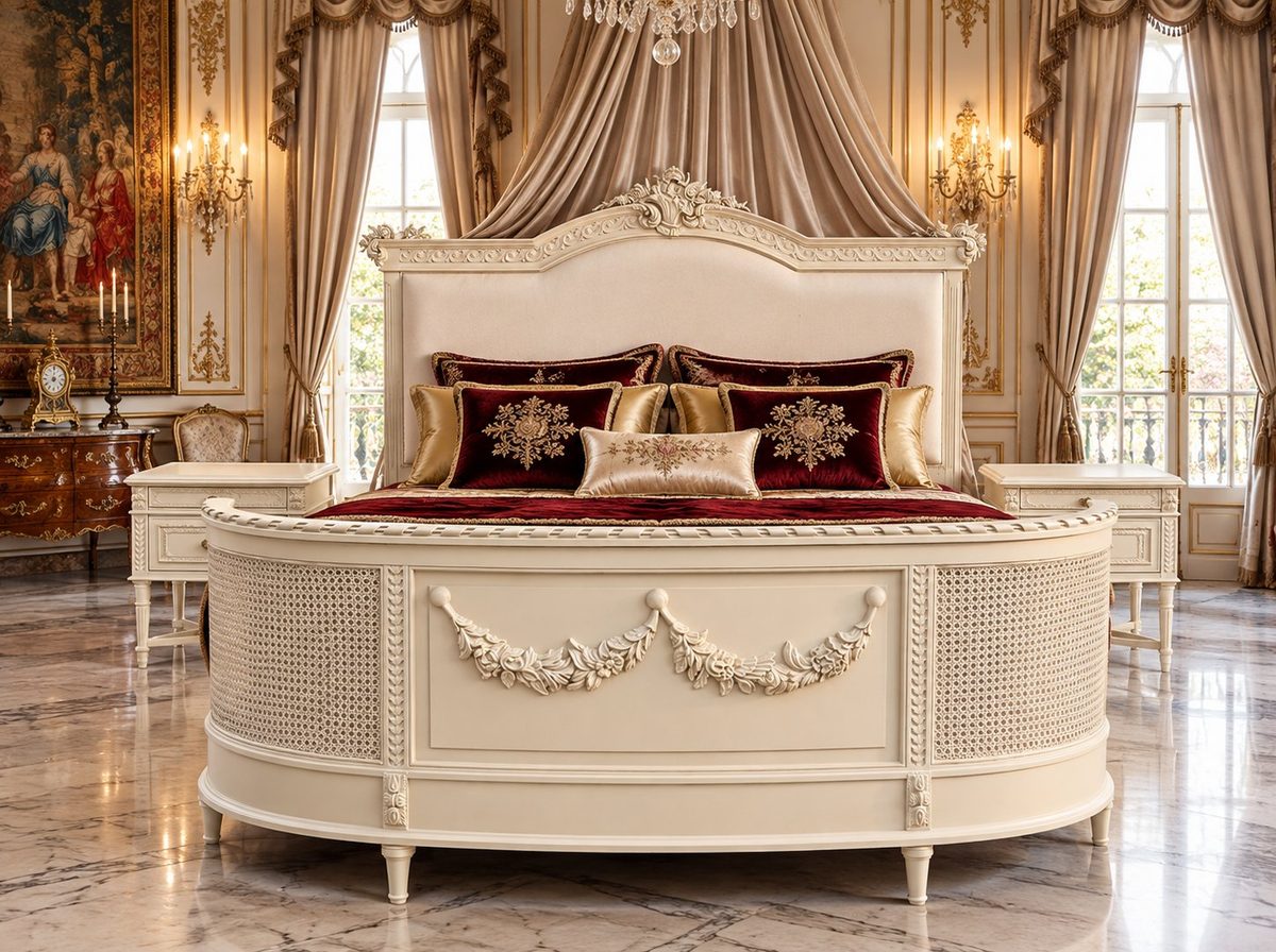 Teak Luxury French Provincial Carved Upholstered King Bed, King Size Bed