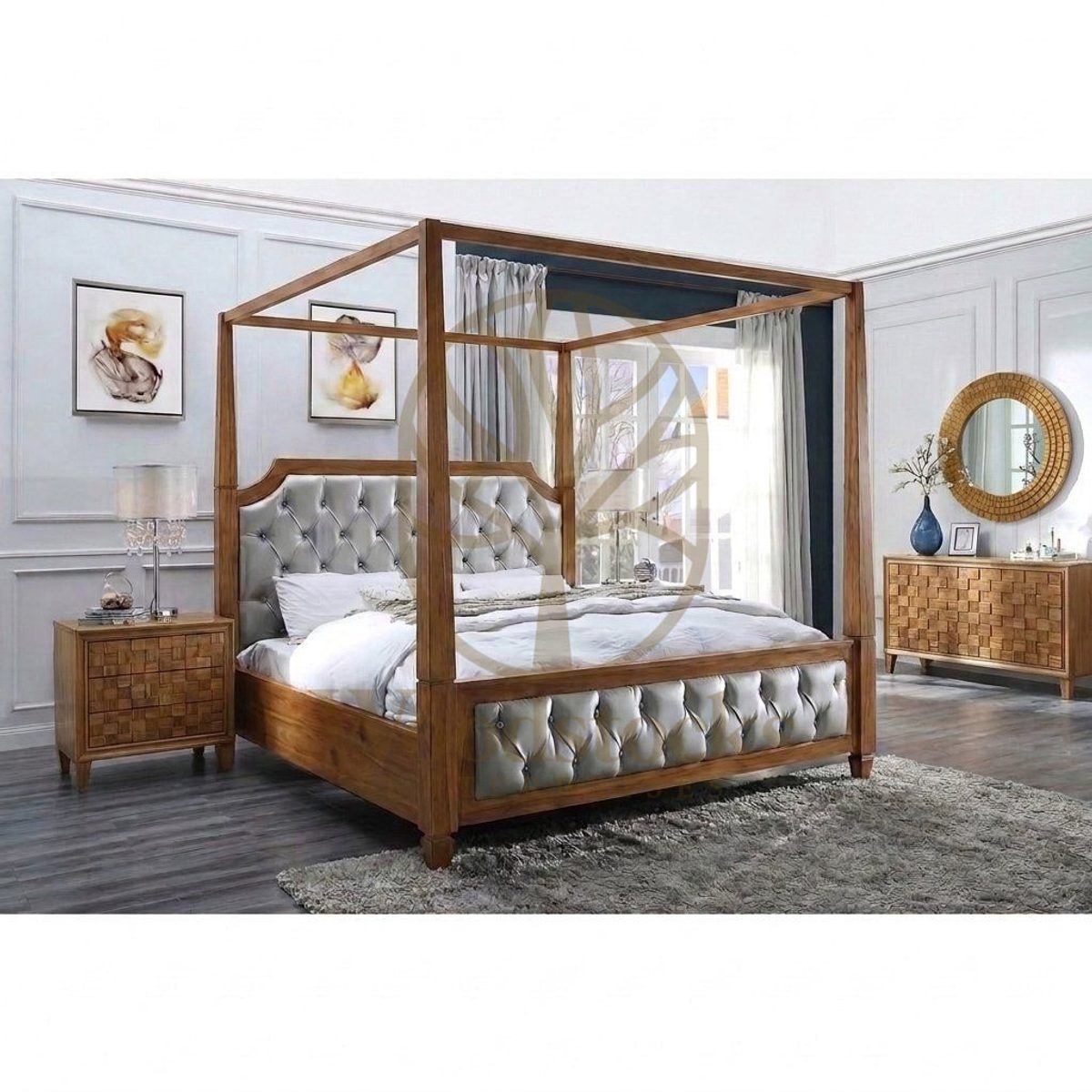 Teak Tufted 5-Piece Four-Poster Bed, view 2