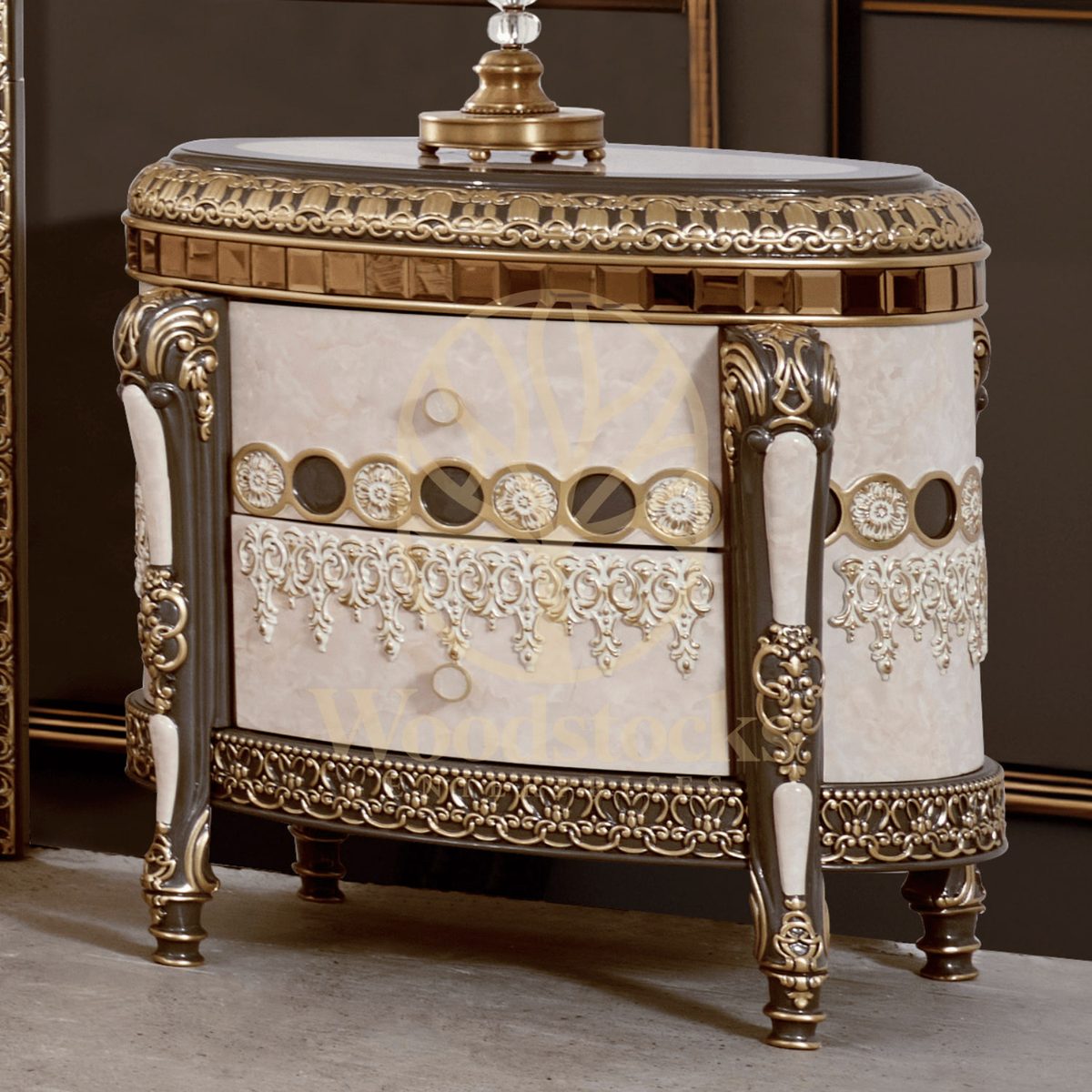 Teak Ornate Marbled Ivory Nightstand, Side Table / Nightstand